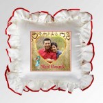 White Square Cushion With Personalized Photo and Red Lace Border